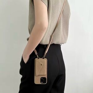 Khaki Luxury Crossbody iPhone 15 pro Case Wallet and strap